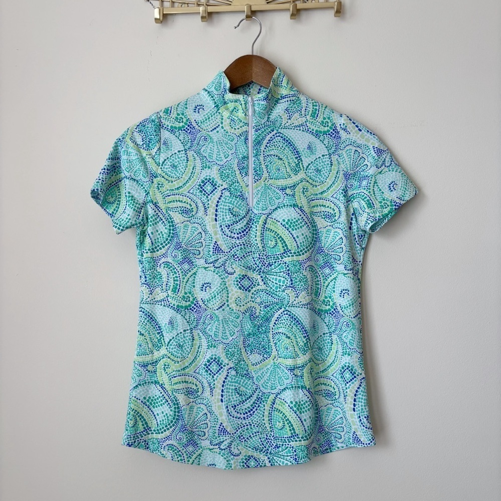Ibkul Blue Mosaic 1/4 Zip Short Sleeve Mock Neck Top XS Golf Pickleball